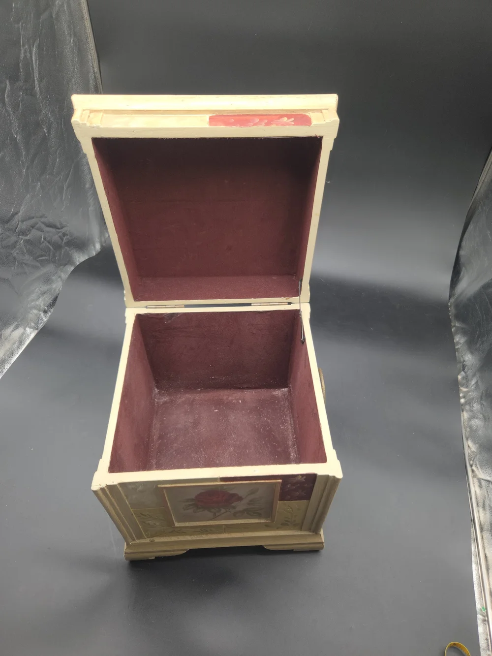 French Country Painted Wood 13 Inch Tall Jewelry Storage Box Chest Red Rose